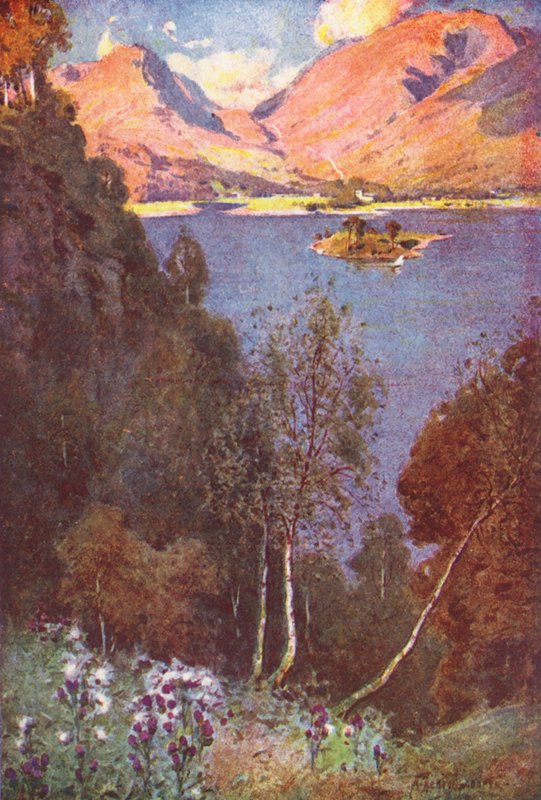 Lake District: A Glimpse of Grasmere, ilta-aurinko (värilitografia). tekijältä Alfred Heaton Cooper