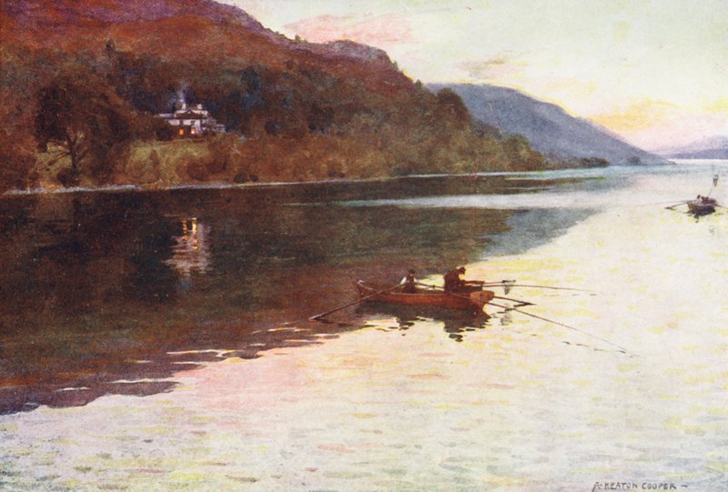 Lake District: Brantwood, Coniston Lake, Char-kalastus (värilitro). tekijältä Alfred Heaton Cooper
