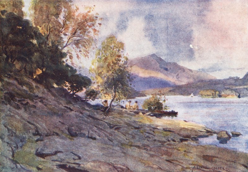 Lake District: Derwentwaterin rannalla (värilitro). tekijältä Alfred Heaton Cooper