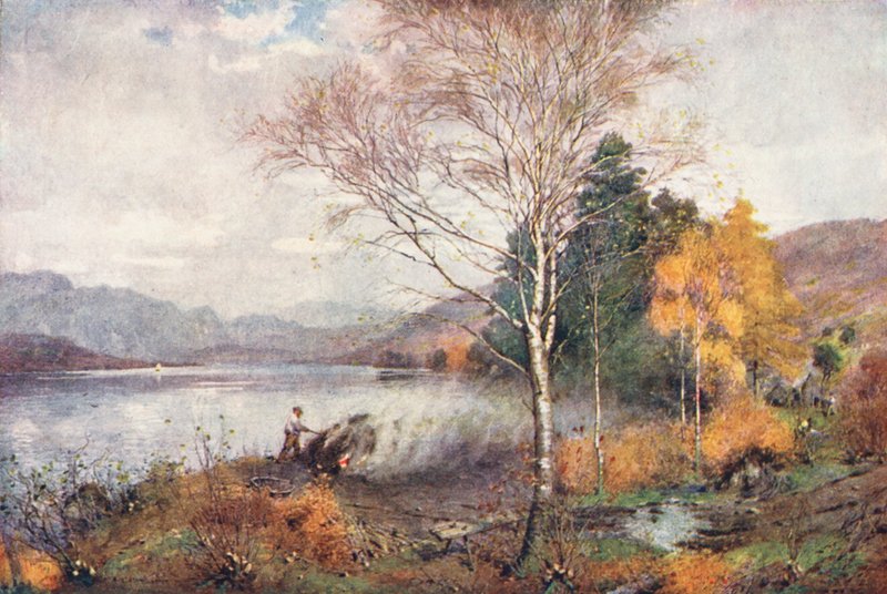 Lake District: Coniston Lake (värilitro): Hiilenpolttajat, Coniston Lake (värilitro) tekijältä Alfred Heaton Cooper