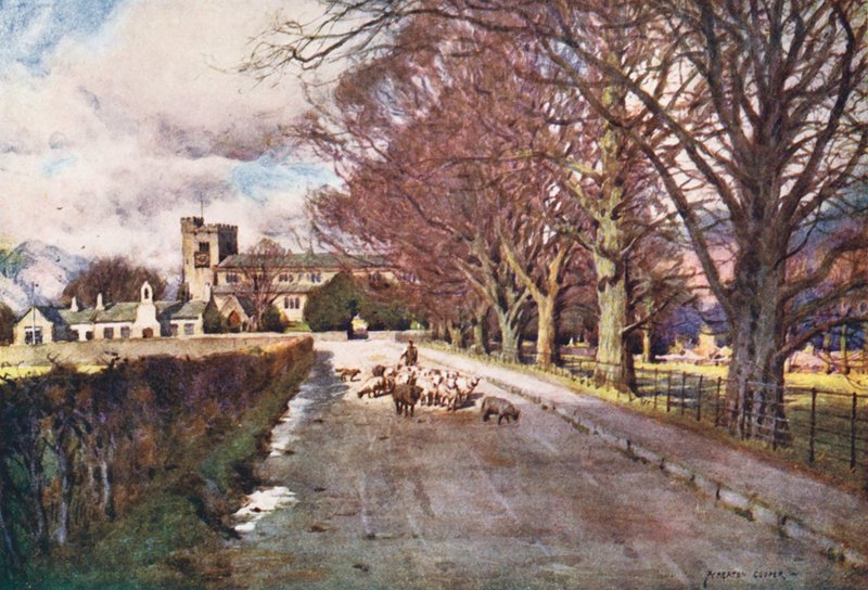 Lake District: Crosthwaiten kirkko, Keswick (värilitro). tekijältä Alfred Heaton Cooper