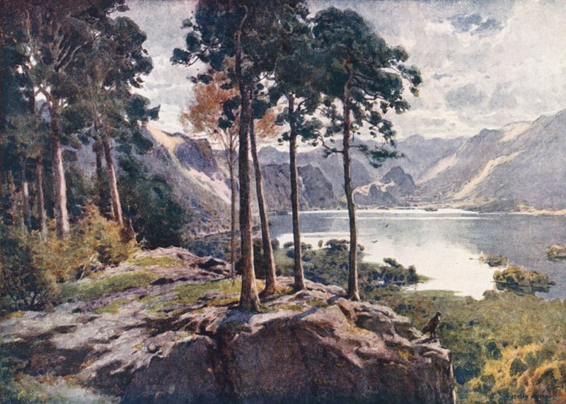 Lake District: Castle Headistä, kirkkaana aamuna (värilitro). tekijältä Alfred Heaton Cooper