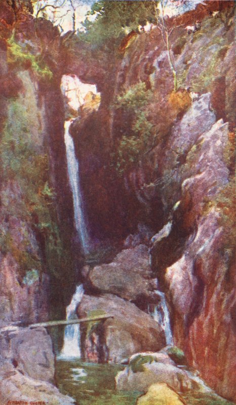 Lake District: Dungeon Ghyll Force, Langdale (värilitro). tekijältä Alfred Heaton Cooper