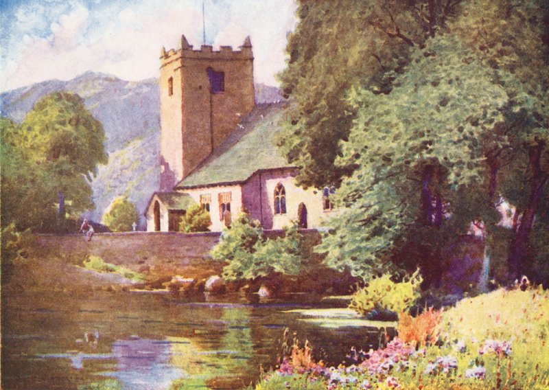 Lake District: Grasmere Church (värilitro). tekijältä Alfred Heaton Cooper