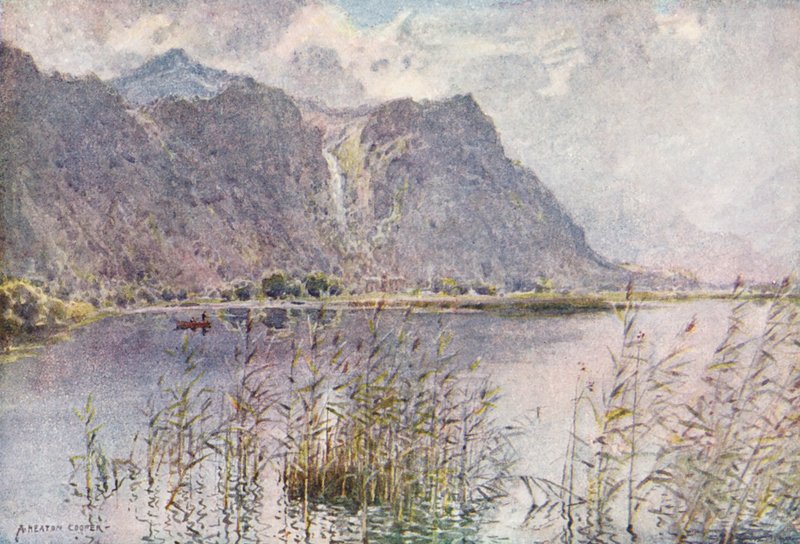 Lake District: Lodore ja Derwentwater, kesäaamuna (värilitro). tekijältä Alfred Heaton Cooper