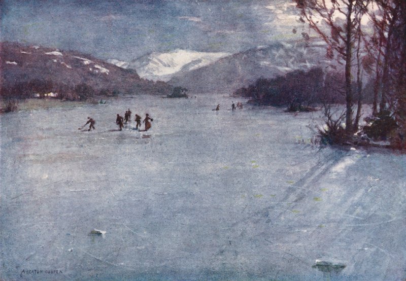 Lake District: Windermere, luistelu kuunvalossa (värilitro). tekijältä Alfred Heaton Cooper
