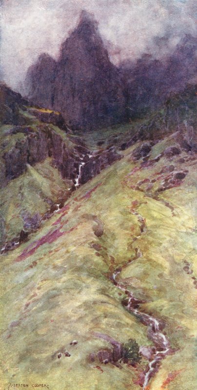 Lake District: Ennerdalen pylväskallio (värilitro). tekijältä Alfred Heaton Cooper