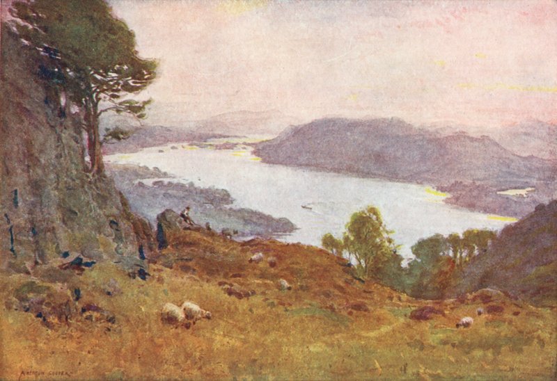 Lake District: Windermere Wansfellistä, auringonlasku (värilitro). tekijältä Alfred Heaton Cooper