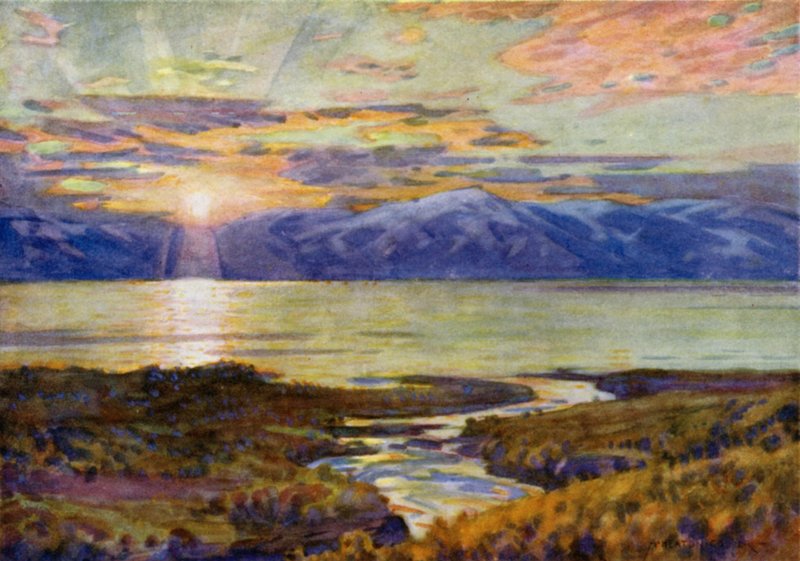 Keskiyön aurinko Torne Trask -järven yllä Abiskosta käsin tekijältä Alfred Heaton Cooper