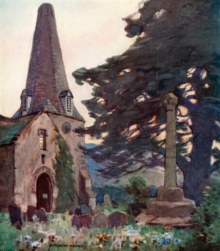 Porlockin kirkko ja risti (väri litho) tekijältä Alfred Heaton Cooper