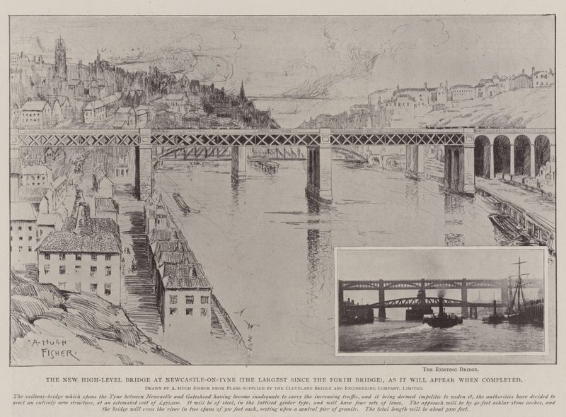 Newcastle-on-Tynen uusi korkean tason silta (suurin sitten Forth Bridgen), sellaisena kuin se näyttää valmistuessaan tekijältä Alfred Hugh Fisher