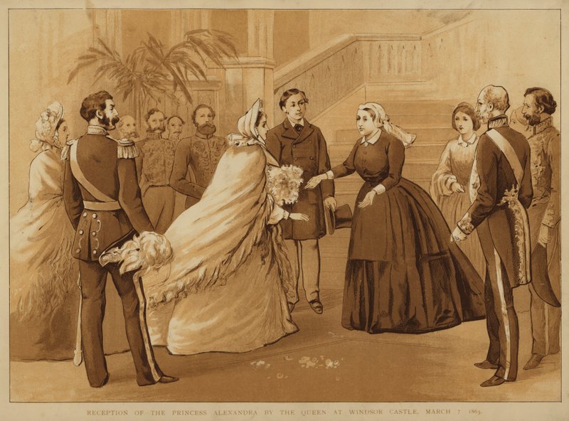 Kuningatar Victorian prinsessa Alexandran vastaanotto Windsorin linnassa, 7. maaliskuuta 1863 (chromolitho) tekijältä Alfred Johnson