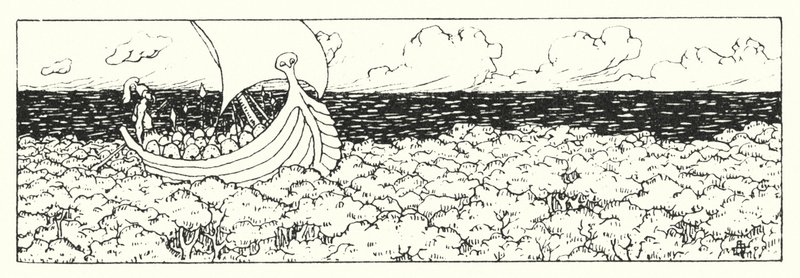 Lucianuksen A True History: Sailing on the Tree-Tops (kaiverrus). tekijältä Alfred Payne Garnett
