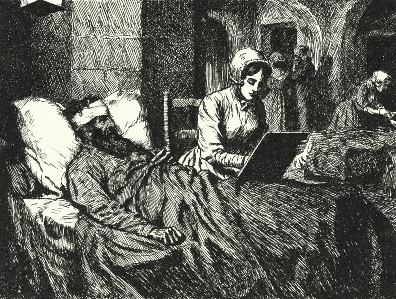 Englantilainen sairaanhoitaja Florence Nightingale kirjoittaa kirjettä Krimin sodassa haavoittuneelle sotilaalle Scutarin sairaalassa, 1855 tekijältä Alfred Wallis Mills