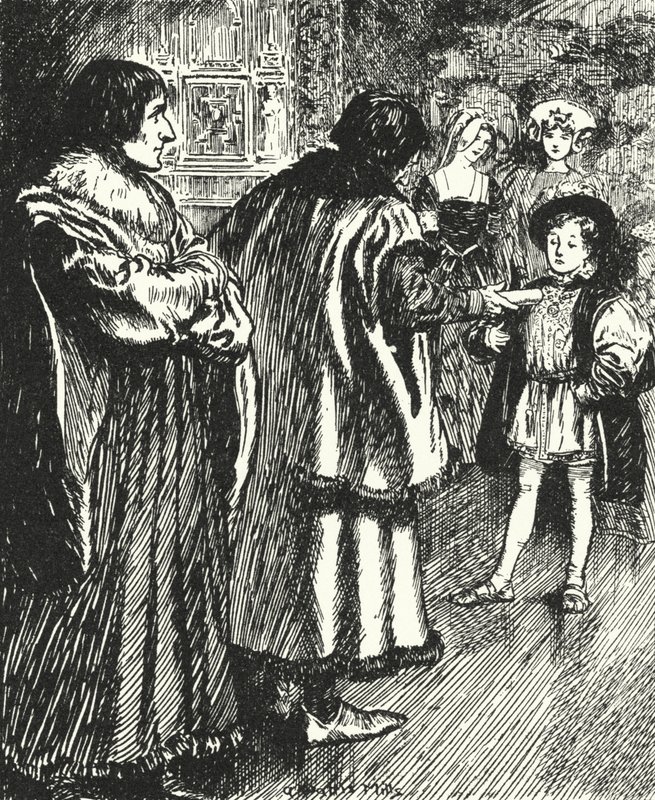 Erasmus katsomassa Sir Thomas Morea esittämässä runoa, jonka hän oli kirjoittanut nuorelle prinssille Henrylle, tulevalle kuningas Henrik VIII:lle tekijältä Alfred Wallis Mills