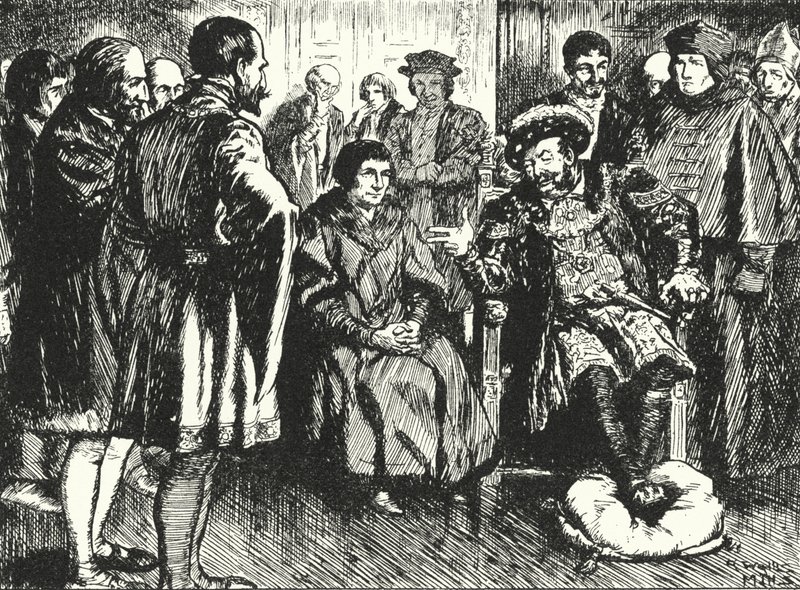 Sir Thomas More Henry VIII:n hovissa vastustaen kuninkaat yrittävät saada hänet sanomaan jotain huvittaakseen häntä tekijältä Alfred Wallis Mills