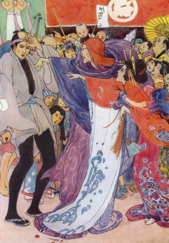 Kuvitus elokuvalle The Story of the Mikado (värilitho) tekijältä Alice Bolingbroke (after) Woodward