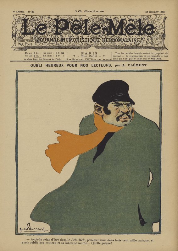 Onnellinen puute lukijoillemme. Le Pele-Mele -lehden kuvitus, 1902 tekijältä Aline Clement