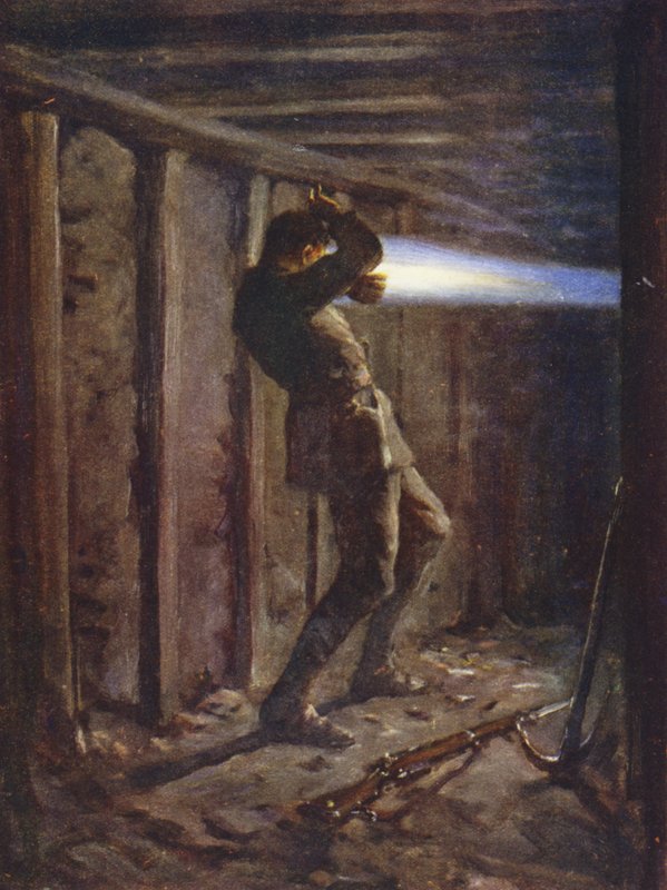 Sinisen liekin kieli ampuu vihollisen puolelta kaivosgalleriasta ja palaa vakavasti Private T Bytheway, 20. lokakuuta 1915 (väri litho) tekijältä Allan (after) Stewart