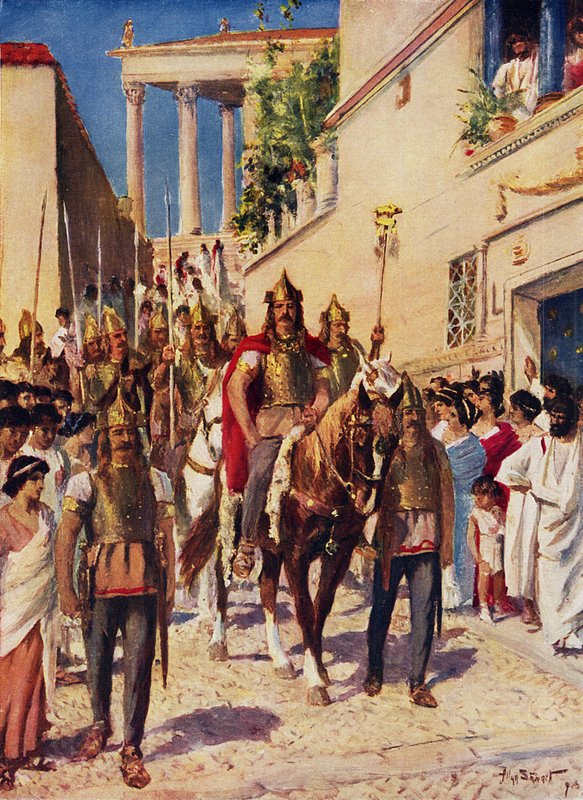 Alaric saapumassa Ateenaan (väri litho) tekijältä Allan (after) Stewart