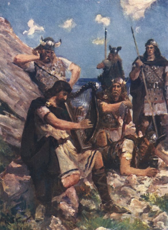 Vanhaksi bardiksi pukeutunut kuningas Alfred tuli kiihkeiden tanskalaisten leiriin (väri litho) tekijältä Allan (after) Stewart