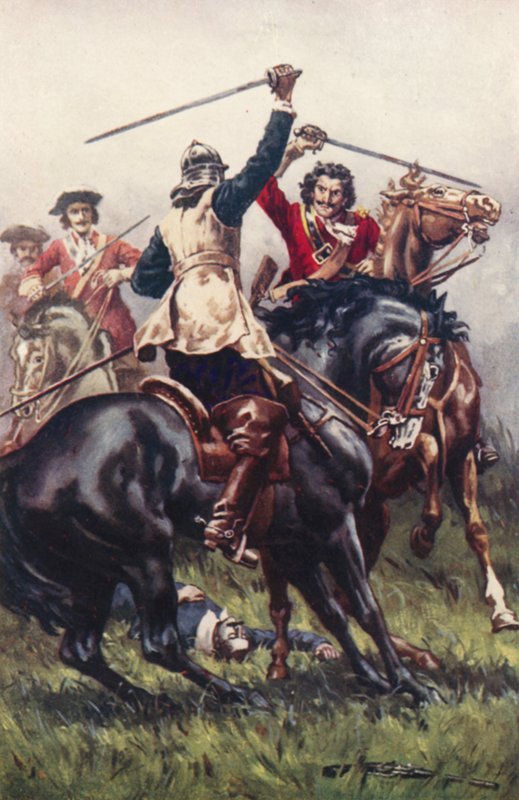 Taistelu Ironside ja Cavalier välillä (väri litho) tekijältä Allan (after) Stewart