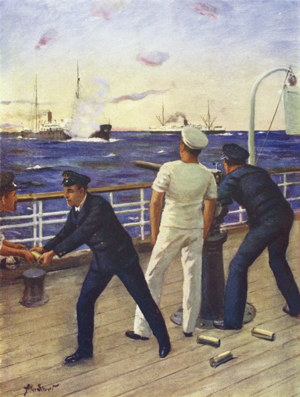 Midshipman Reginald Himbury avustaa McTavish-klaanin ampujia taistelussa saksalaisen raider Moewen kanssa tekijältä Allan (after) Stewart
