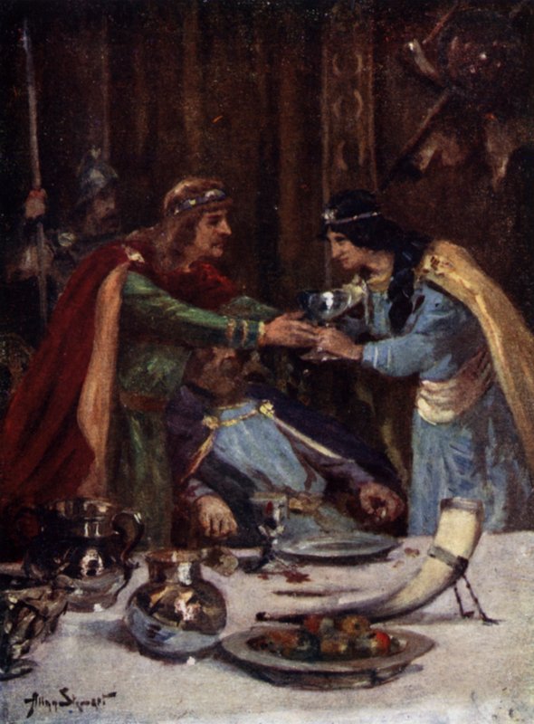 Mercian Offa II:n vaimon Cynethryth myrkyttää Itä-Englannin kuninkaan Aethelbert II:n, 794 (värilitho) tekijältä Allan (after) Stewart