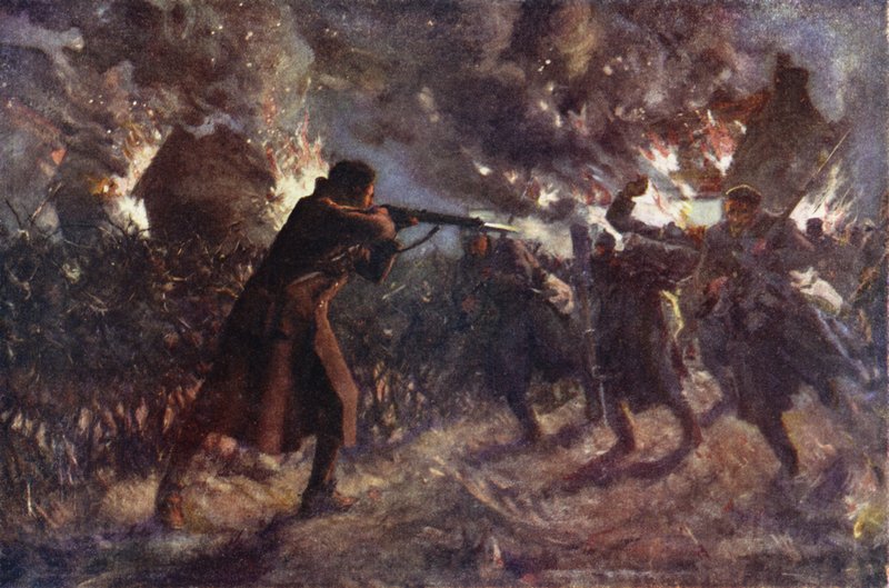 Sotamies James Meston hyökkää yksin useita vihollisia vastaan, jotka etenivät valloitettuaan brittiläisen juoksuhaudan, ensimmäinen Ypresin taistelu, 31. lokakuuta 1914 (väri litho) tekijältä Allan (after) Stewart