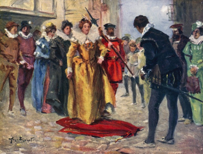 Raleigh riisui homoviittansa ja laittoi sen Miry Patchin poikki (väri litho) tekijältä Allan (after) Stewart