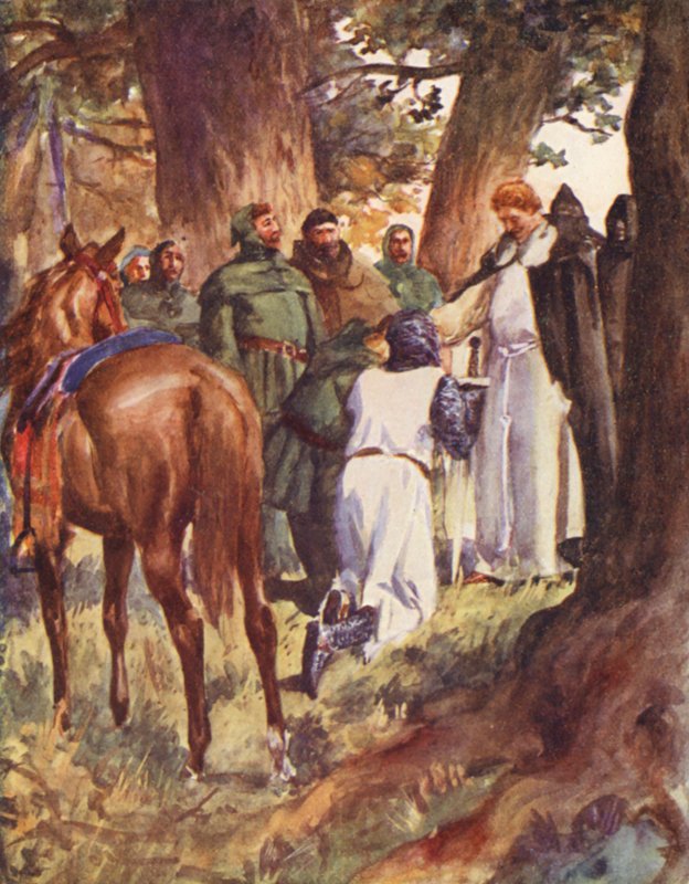Robin Hood ja hänen iloiset miehet: Kuningas Richard tunnistettiin (väri litho) tekijältä Allan (after) Stewart