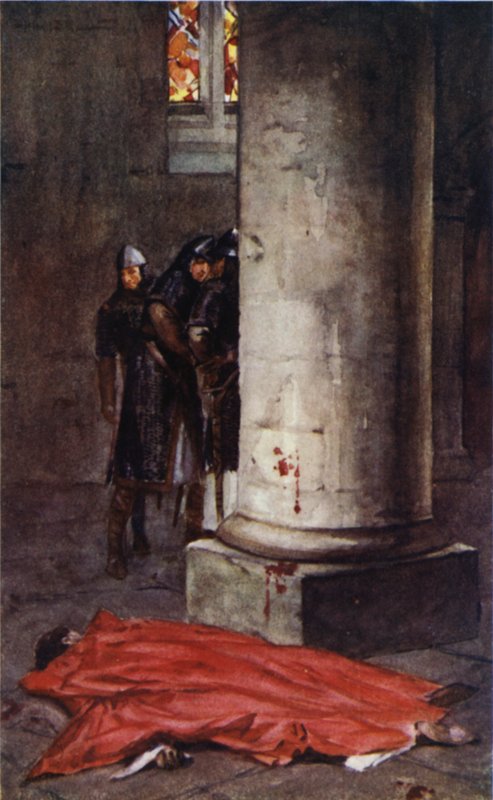 Thomas a Becketin murha Canterburyn katedraalissa (värilitho) tekijältä Allan (after) Stewart