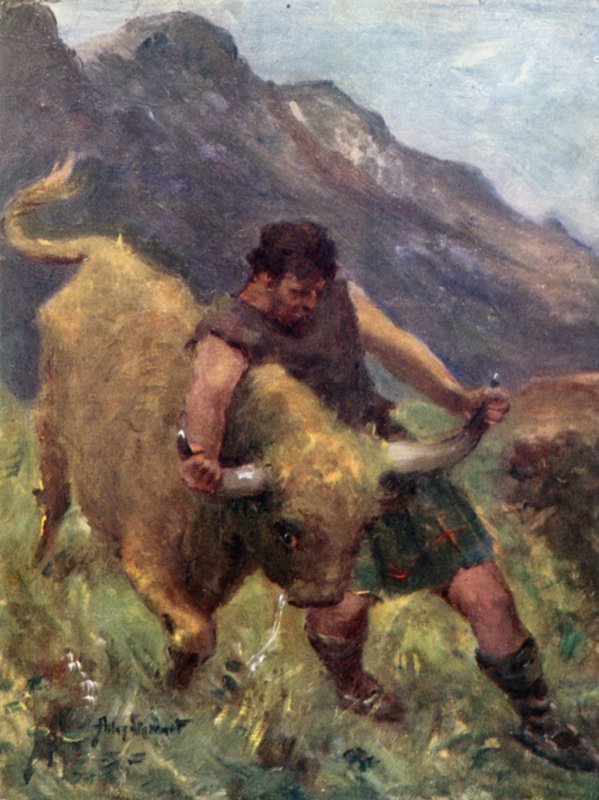 Kun hän paini sen kanssa, yksi sen sarvista irtosi hänen käsistään (väri litho) tekijältä Allan (after) Stewart