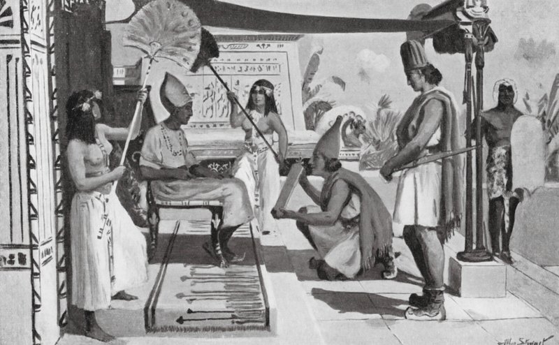 Ramses II vastaanottaa kopion sopimuksestaan heettiläisten kanssa (litografia). tekijältä Allan Stewart