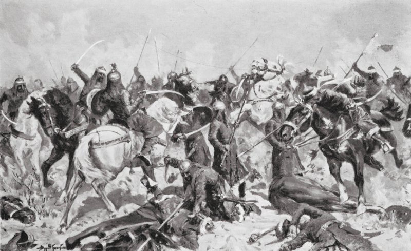 Rajputtien viimeinen taistelu muhamettilaisia vastaan vuonna 1192 jKr (litografia) tekijältä Allan Stewart