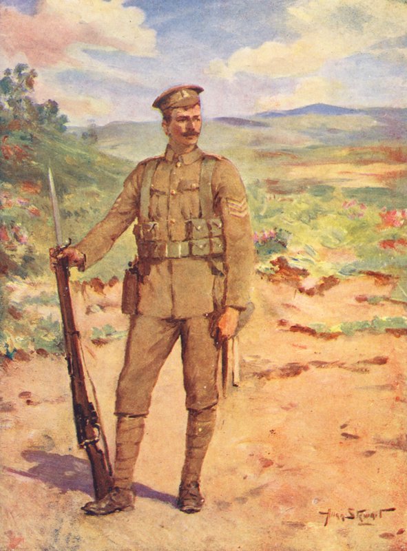 WW1: Nykyaikainen brittisotilas (värilitografia) tekijältä Allan Stewart