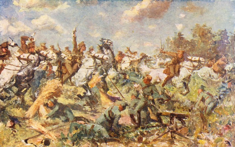WW1: Scots Greysin rynnäkkö, elokuu 1914 (värilitografia) tekijältä Allan Stewart