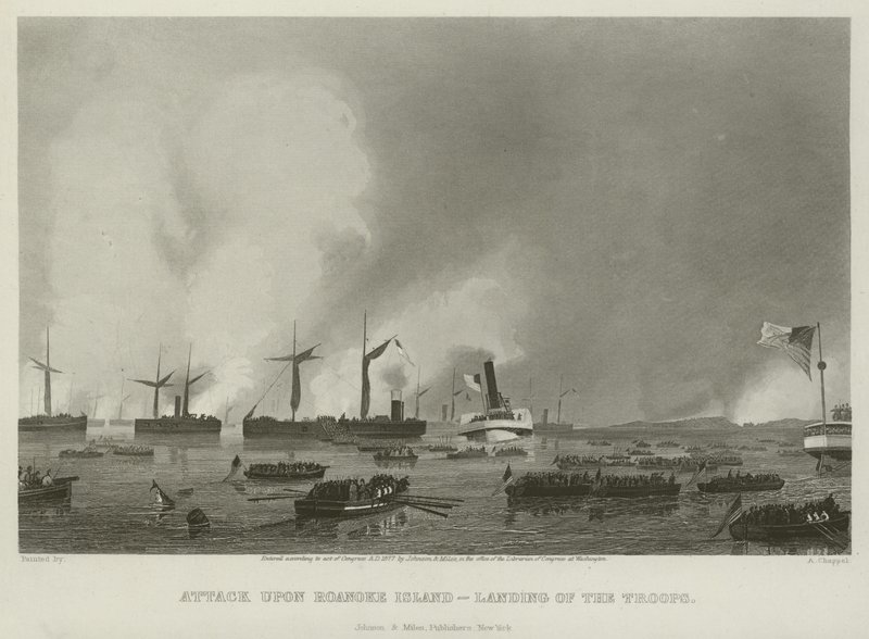 Hyökkäys Roanoke Islandille - joukkojen maihinnousu, 1862 tekijältä Alonzo Chappel