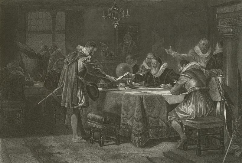 Henry Hudson sai toimeksiannon Dutch East India Companylta, 1609 tekijältä Alonzo Chappel