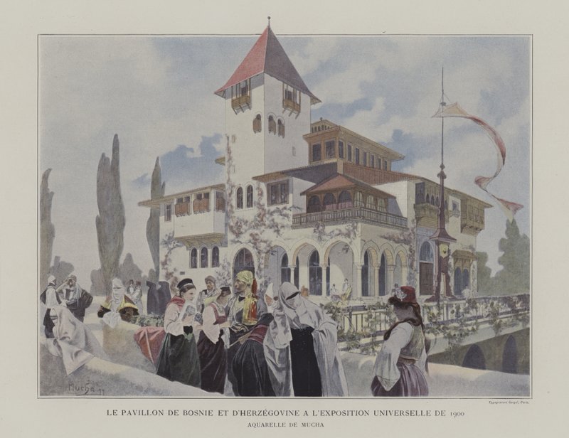 Bosnia ja Hertsegovinan paviljonki Exposition Universellessä 1900, Pariisi (värilitho) tekijältä Alphonse Marie (after) Mucha