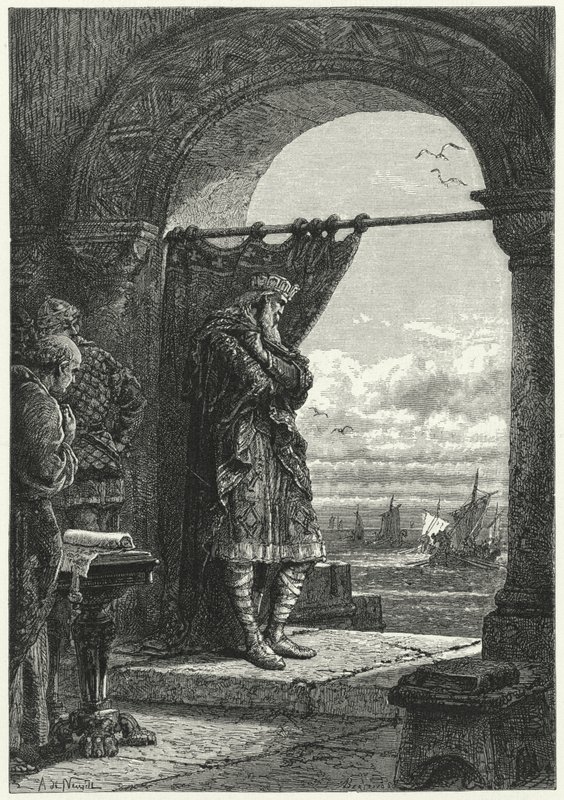 Charlemagne katselee huolestuneena normannilaisia ratsastajia kuljettavien alusten lähestymistä (kaiverrus) tekijältä Alphonse Marie de (after) Neuville