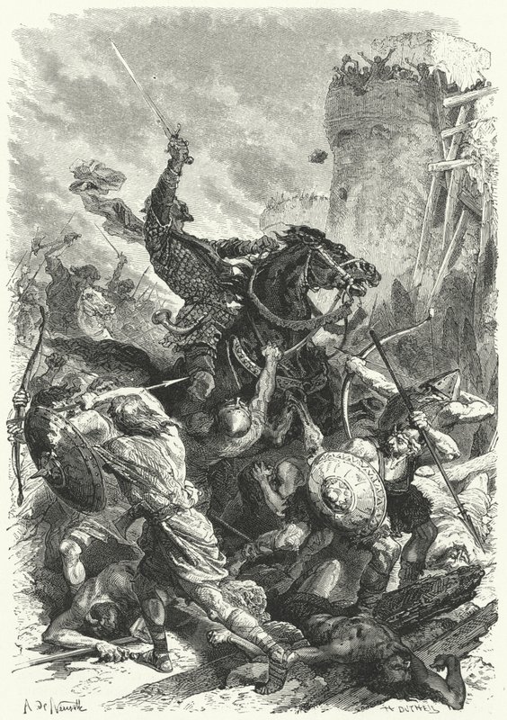 Kreivi Odo puolustamassa Pariisia normanneja vastaan, 886 (kaiverrus) tekijältä Alphonse Marie de (after) Neuville