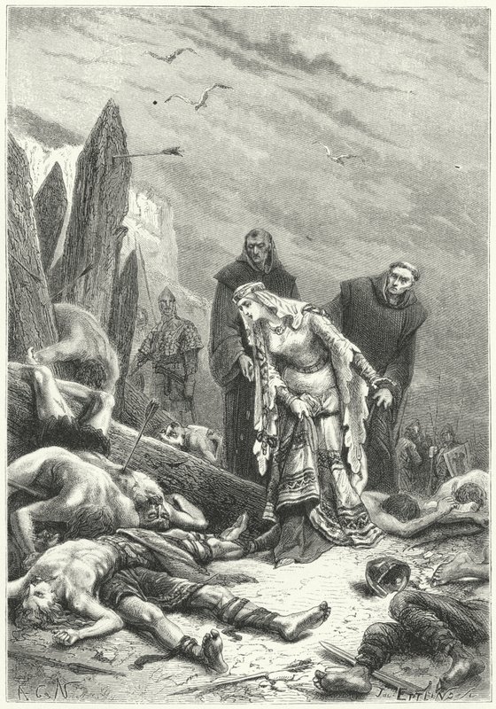 Edith Fair löytää kuningas Haroldin ruumiin Hastingsin taistelukentältä tekijältä Alphonse Marie de (after) Neuville