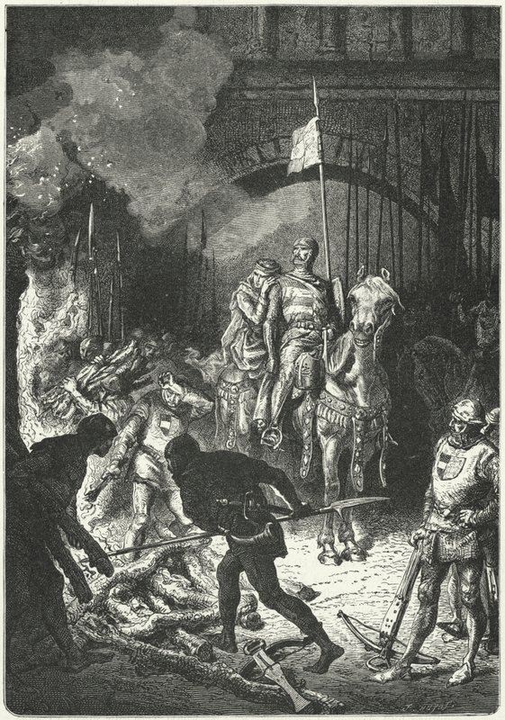 El Cid valvoo vaimonsa Dona Jimenan kanssa Valencian maurien kuninkaan Ahmedin hautauspyrstön rakentamista tekijältä Alphonse Marie de (after) Neuville