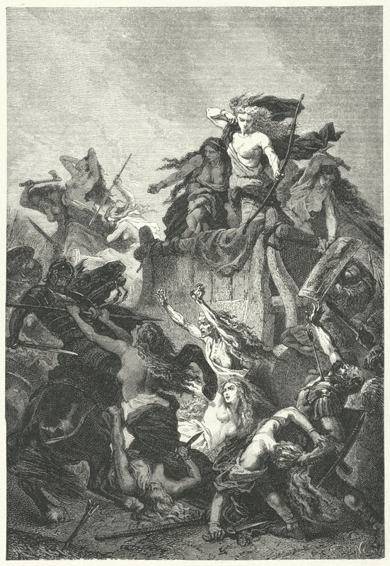 Germaaniset naiset puolustamassa leiriään kuolemaan asti (kaiverrus) tekijältä Alphonse Marie de (after) Neuville