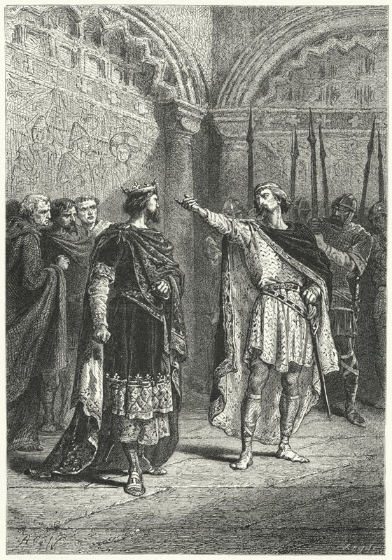 Hugh Capet, frankkien kuningas ja kapinallinen kreivi Adalbert Perigord, 987 (kaiverrus) tekijältä Alphonse Marie de (after) Neuville