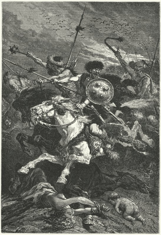 Hunnit hyökkäämässä Chalonsin taistelussa, 451 (kaiverrus) tekijältä Alphonse Marie de (after) Neuville