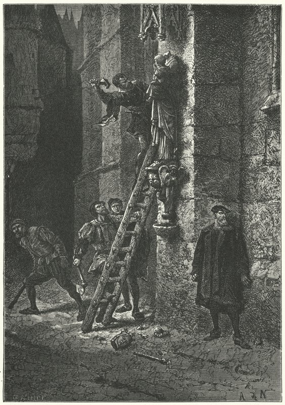 Protestantit tuhoavat Neitsyen ja Lapsen patsaan Notre Damessa Pariisissa tekijältä Alphonse Marie de (after) Neuville