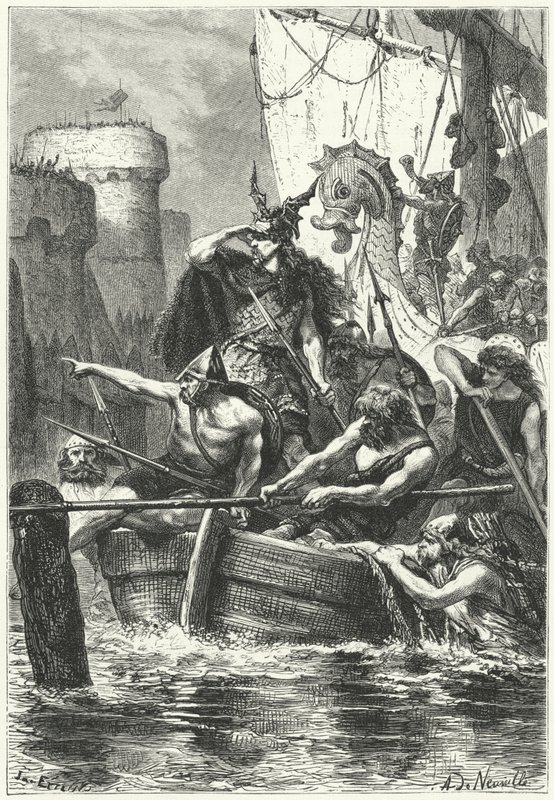 Normanin laivasto hyökkää Pariisiin, 885 (kaiverrus) tekijältä Alphonse Marie de (after) Neuville