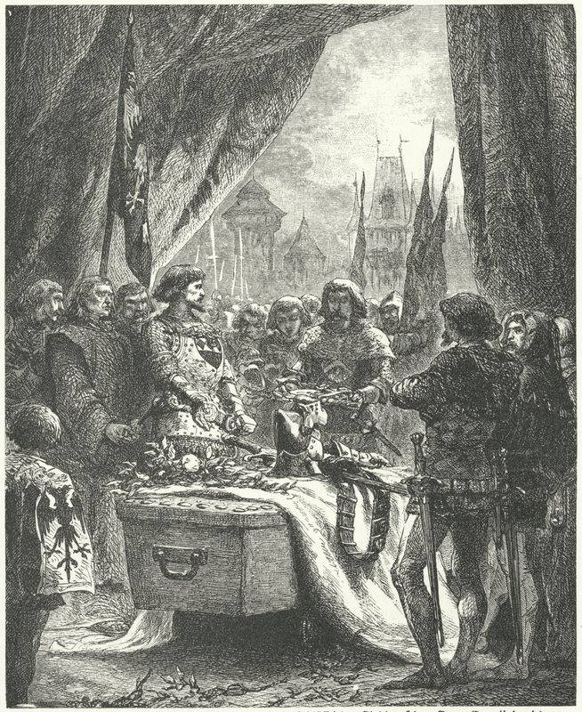Chateauneuf de Randonin komentaja laskemassa kaupungin avaimet Bertrand du Guesclinin arkkuun tekijältä Alphonse Marie de (after) Neuville